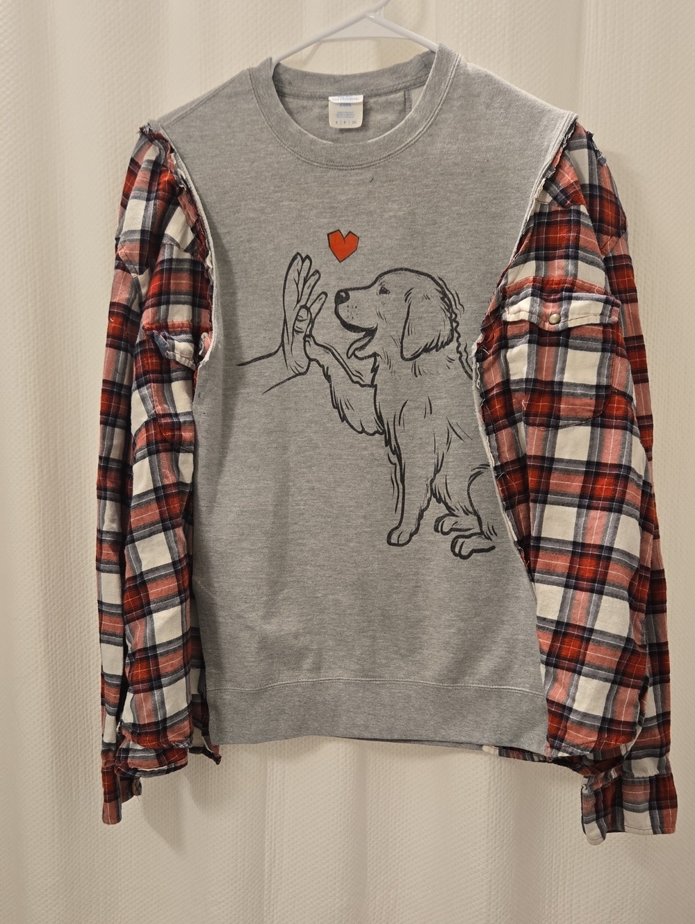 Upcycled 100% Cotton Gray Dog Sweatshirt With Jach's Girlfriend Flannel Sleeves